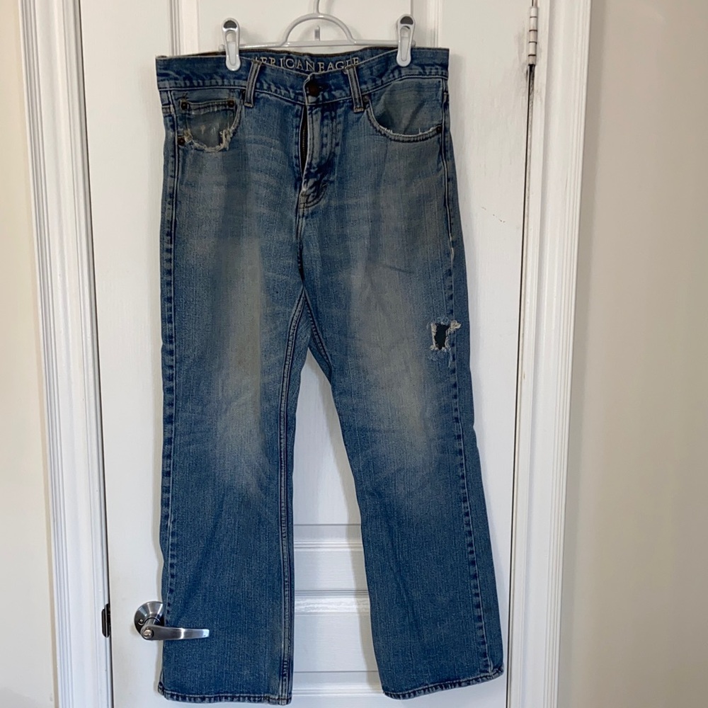 American Eagle Outfitters Men's Distressed Blue Bootcut Jeans